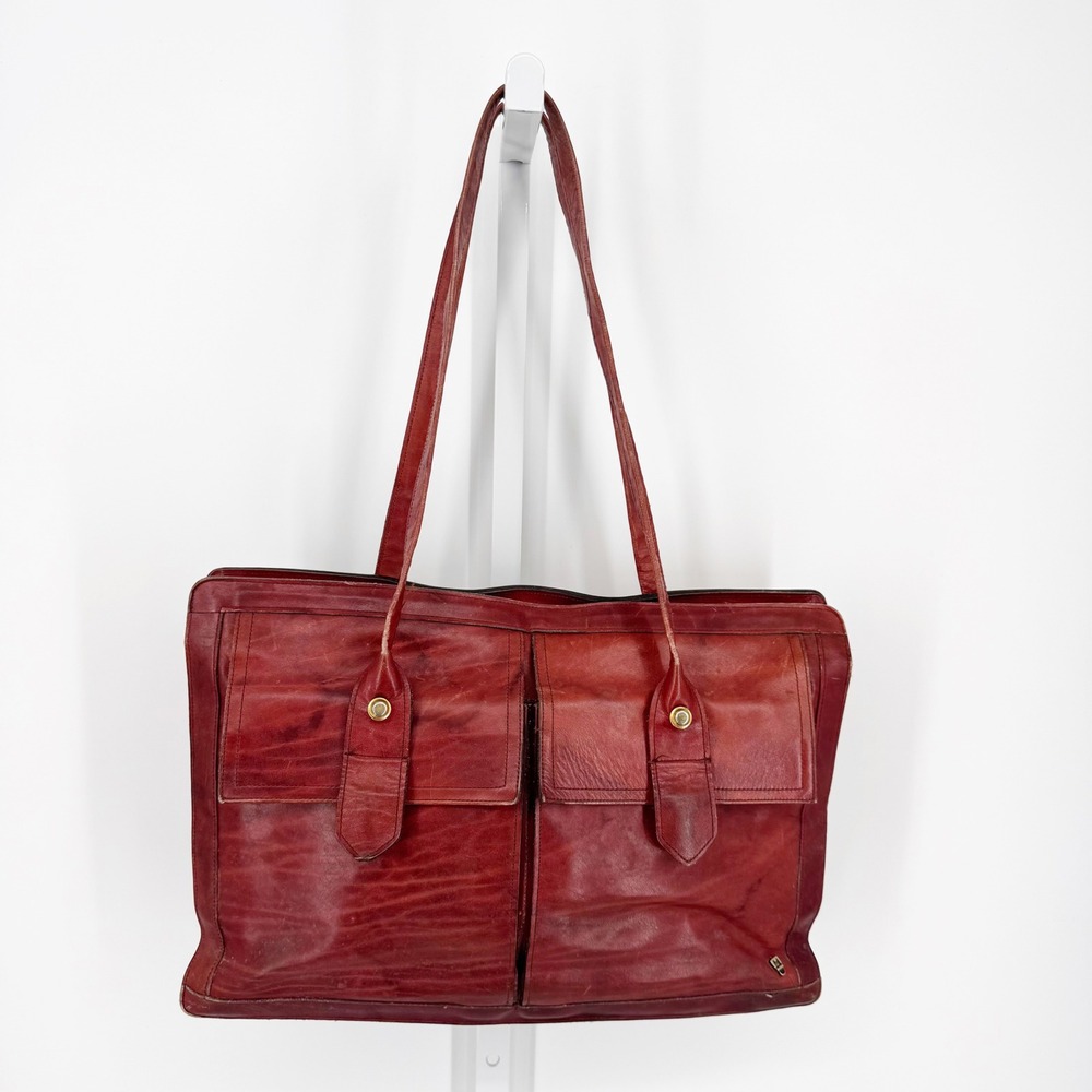 Vintage Oxblood Red Leather Tote Shoulder Bag Case Brass Large